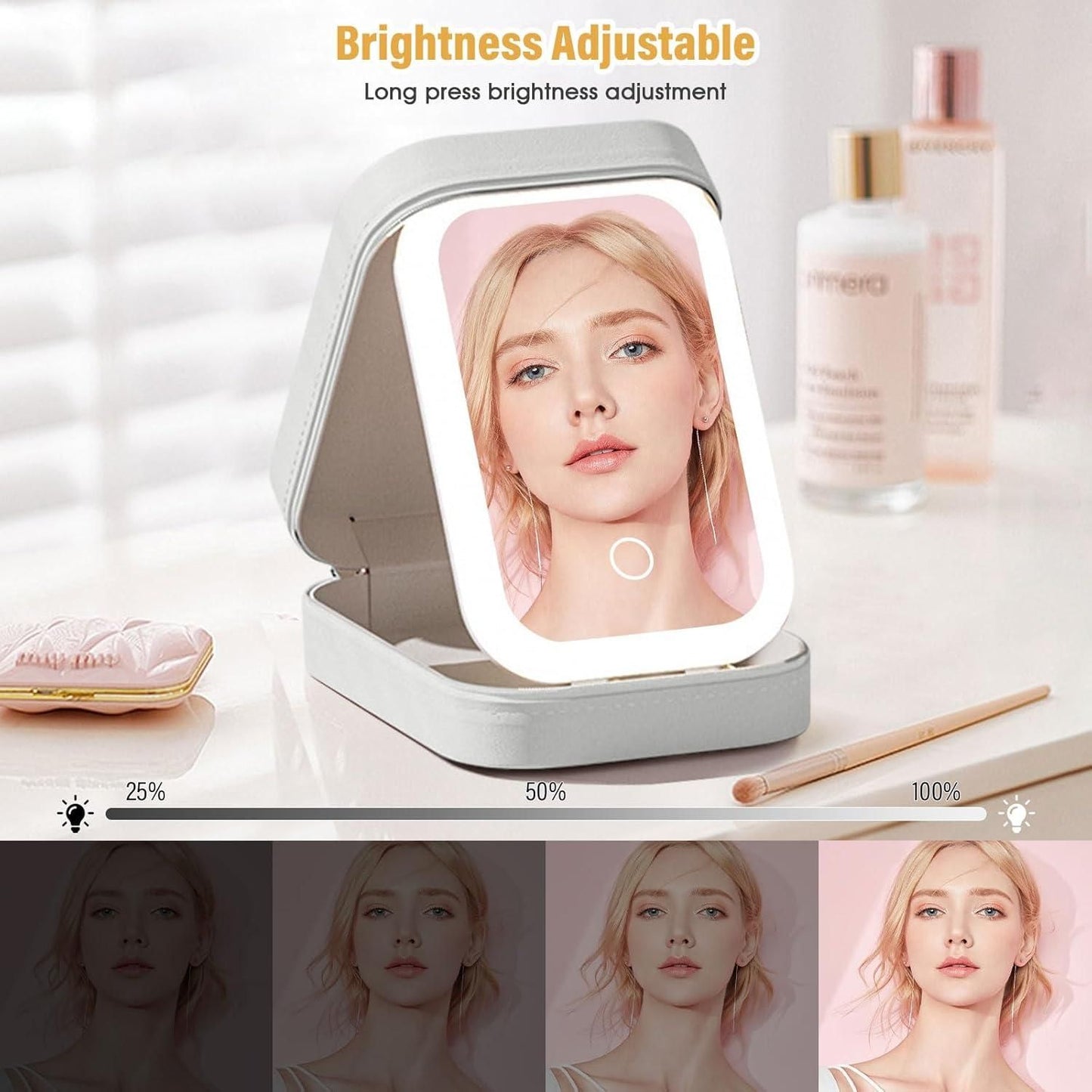 Portable LED Makeup Organizer with Mirror & USB Rechargeable Light
