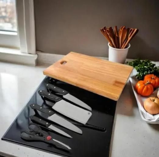 Premium Wooden Chopping Board with Sharp Knifes & Scissors