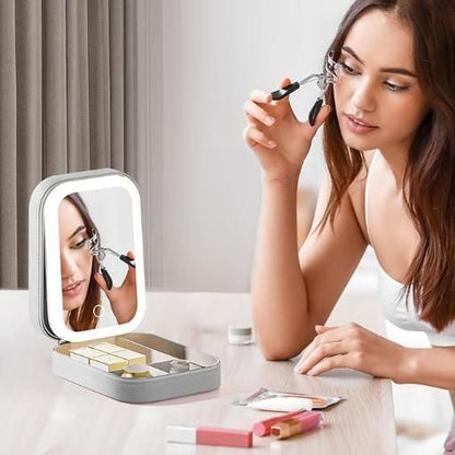 Portable LED Makeup Organizer with Mirror & USB Rechargeable Light
