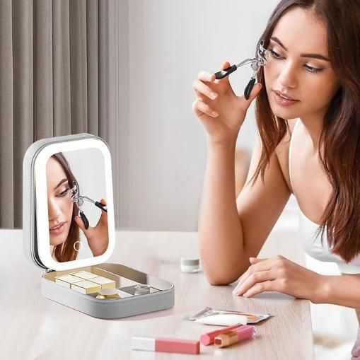Portable LED Makeup Organizer with Mirror & USB Rechargeable Light