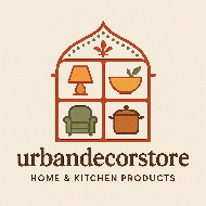 Logo of Urban Decor Store with home and kitchen products on a beige background